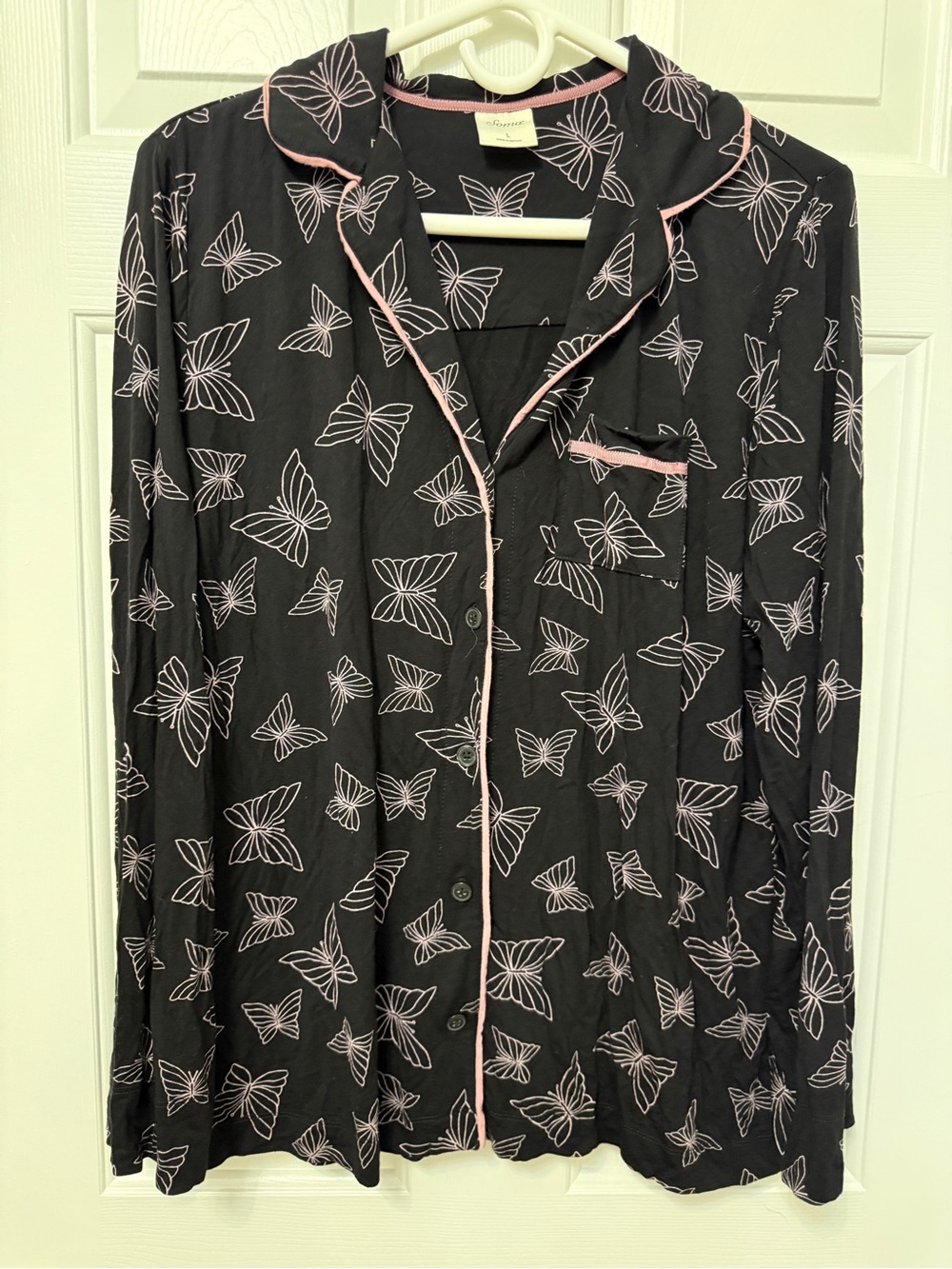 Soma Black Long-Sleeve Butterfly-Print Pajama Top with Pink Piping